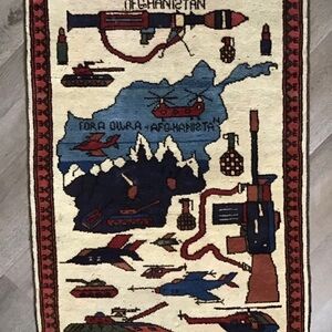 Vintage Hand Woven Afghanistan Helicopter War Military Rug